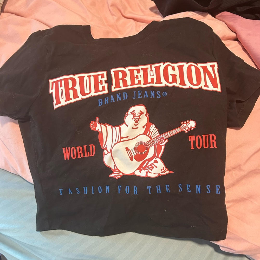 True Religion Black Tee with Red & Blue Graphic